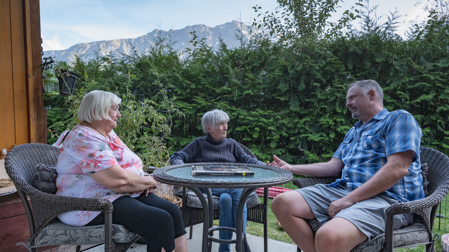 Tea on the patio with the Sea to Sky mountains behind